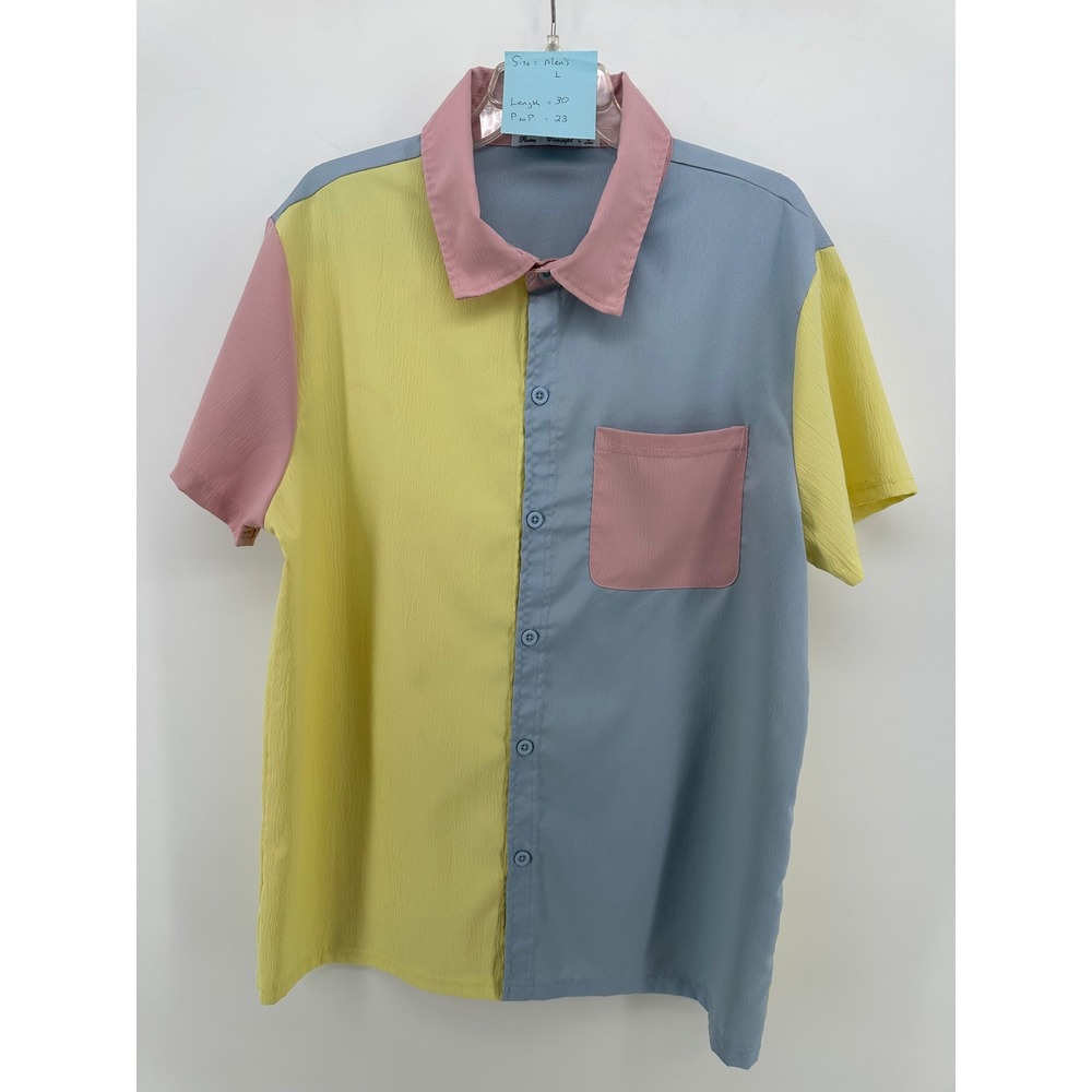 Roma Concept Mens Pastel Colorblock Button Down Shirt Short Sleeve Yellow Blue L
